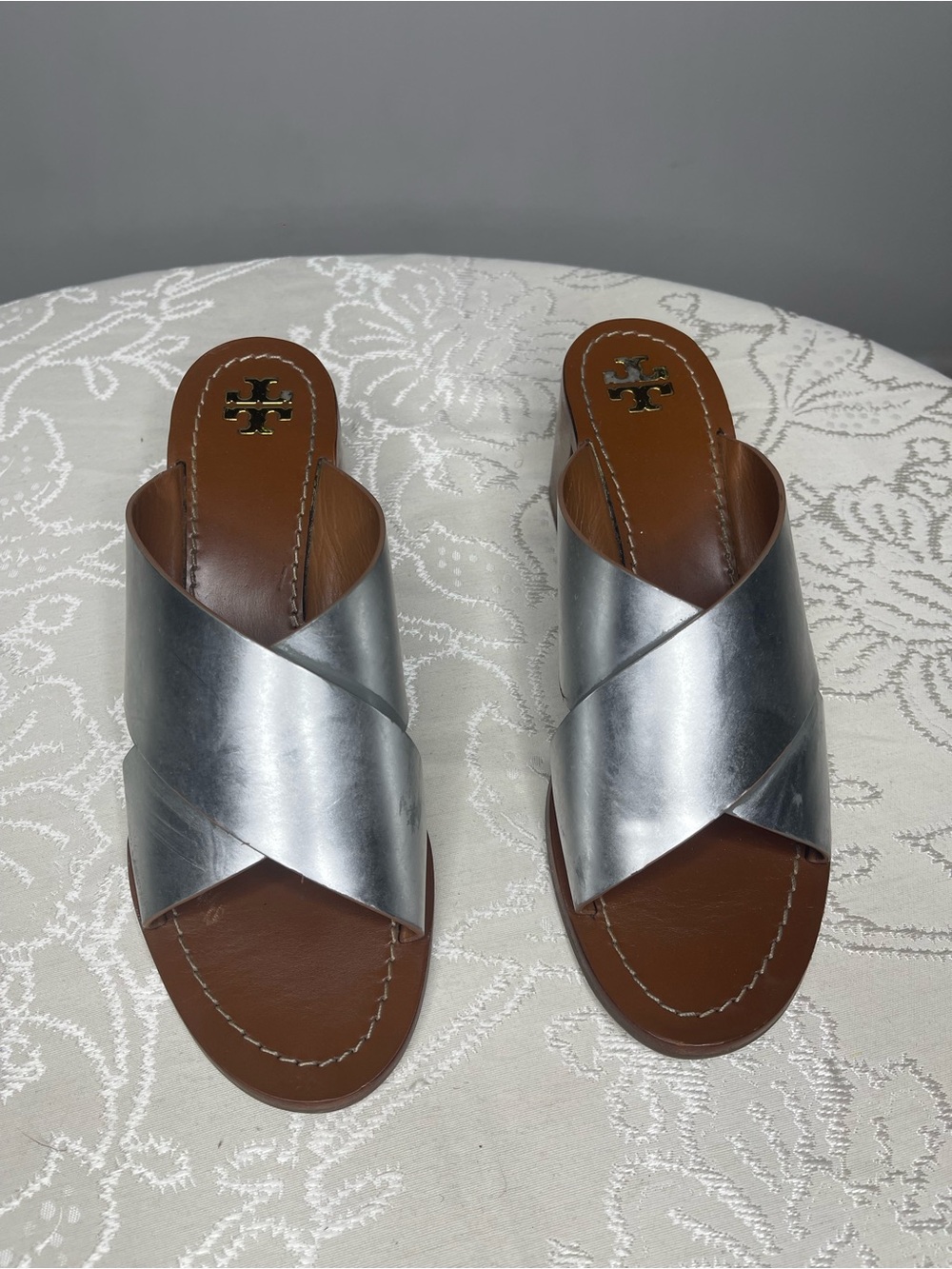 Tory Burch Metallic Silver Crisscross Leather Slide Sandals